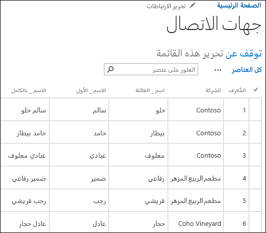 قائمة SharePoint مع عرض ستة سجلات جهات اتصال