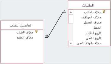 يتم عرض العلاقات بواسطة خطوط مرسومة بين الحقول الأصل والتابع.