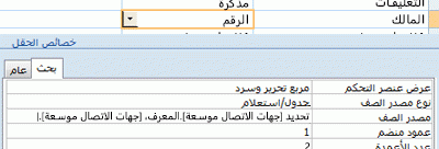 لقطة شاشة تعرض استخدام جدول أو استعلام كمصدر بيانات لحقل بحث.