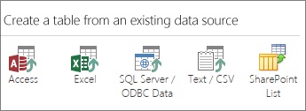 مجموعات من مصادر البيانات: Access وExcel وبيانات SQL Server/ODBC وText/CSV وقائمة SharePoint.