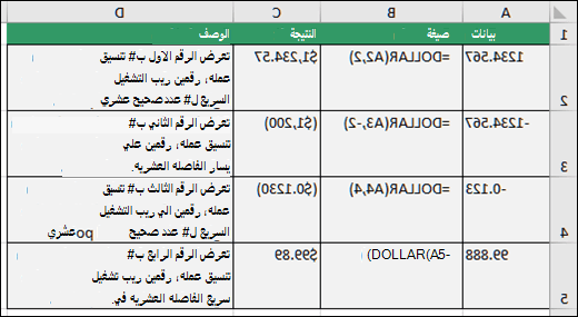 أمثلة على الدالة DOLLAR