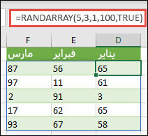 الدالة RANDARRAY مع الوسيطات Min وMax & Whole number