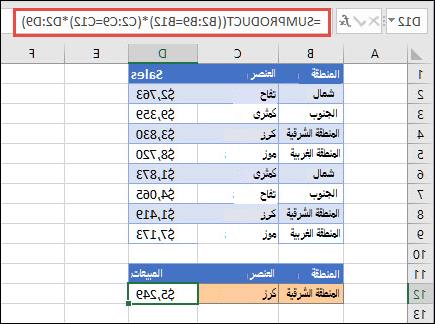 Exampe لاستخدام SUMPRODUCT لإرجاع مجموع العناصر حسب المنطقة. في هذه الحالة، عدد الكرز المباعة في المنطقة الشرقية.