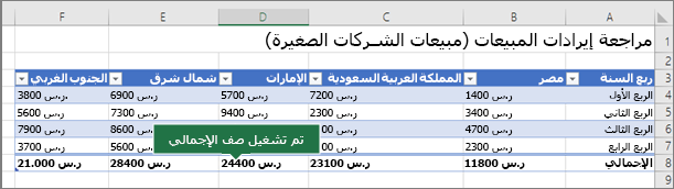 جدول Excel مع تشغيل صف الإجمالي