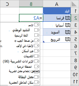 تحتوي الخلية A2 على فرنسا؛ تحتوي الخلية B2 على =A2. تظهر قائمة الإكمال التلقائي للصيغة مع حقول من سجل مرتبط