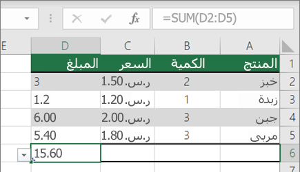 مثال على دالة SUM ذات نطاق مسمى