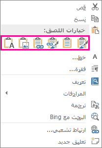 مجموعة أزرار الخيارات الخمسة للصق مخططات Excel في Word