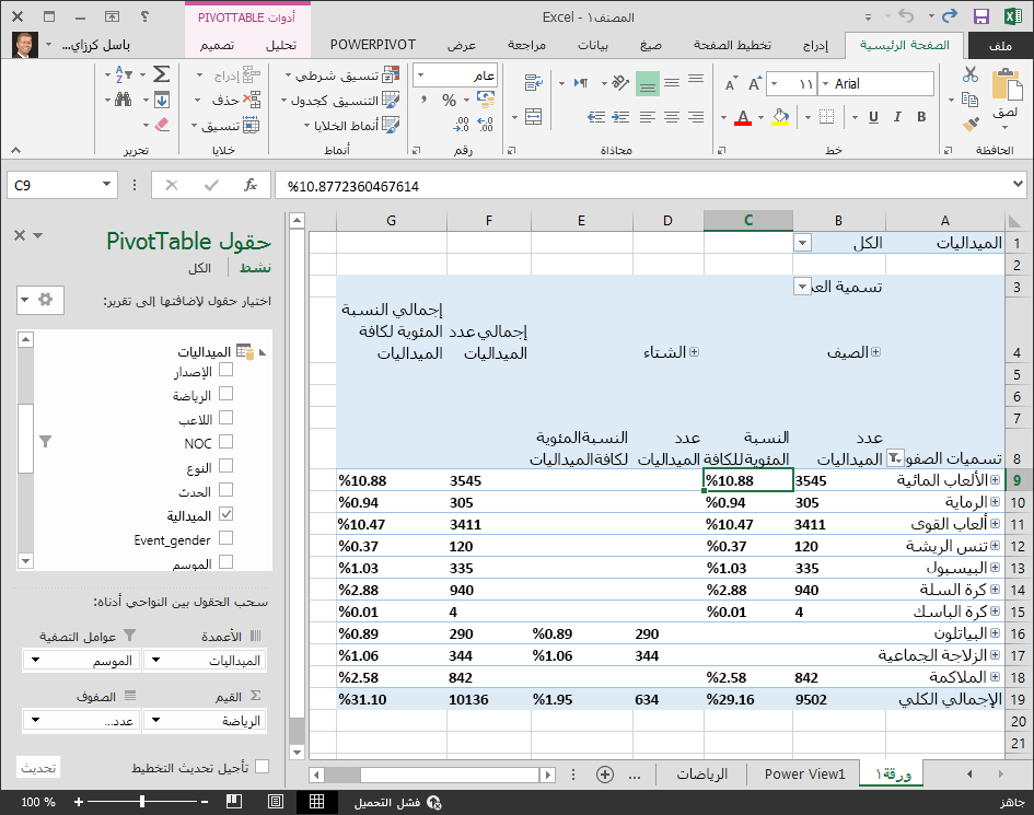 يعرض PivotTable بيانات النسبة المئوية