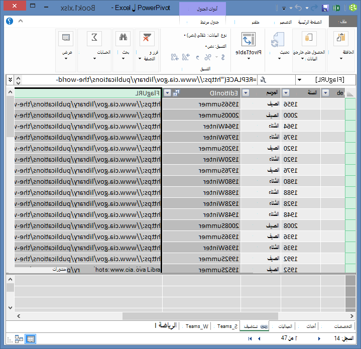 Power Pivot وDAX لإنشاء حقل URL