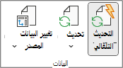 مجموعة البيانات ضمن علامة التبويب تحليل PivotTable في الشريط. تحتوي مجموعة البيانات على أزرار التحديث التلقائي والتحديث وتغيير مصدر البيانات.