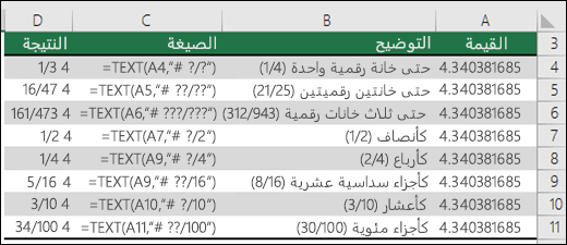 رموز تنسيق للكسور