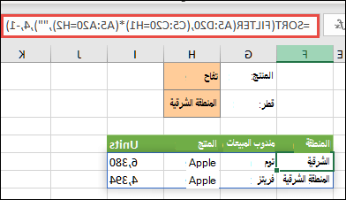 استخدم FILTER مع الدالة SORT لإرجاع كل القيم في نطاق الصفيف (A5:D20) التي تحتوي على 