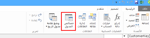 الشريط في نافذة Power Pivot يعرض الأمر 