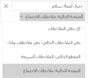 تعرض قائمة البحث المنسدلة مع خيارات تعيين النطاق، والصفحة الحالية نشطة.