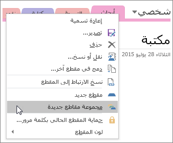 لقطة شاشة عن كيفية إنشاء مجموعة مقاطع جديدة في OneNote 2016.