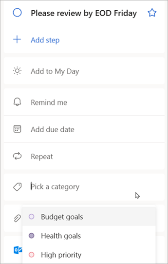 عند عرض تفاصيل المهمة، حدد اختيار فئة لتعيين فئة قمت بإنشائها بالفعل في Outlook.