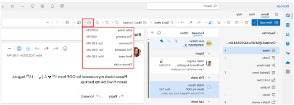 لقطة شاشة تعرض تأجيل البريد الإلكتروني في الشريط في Outlook