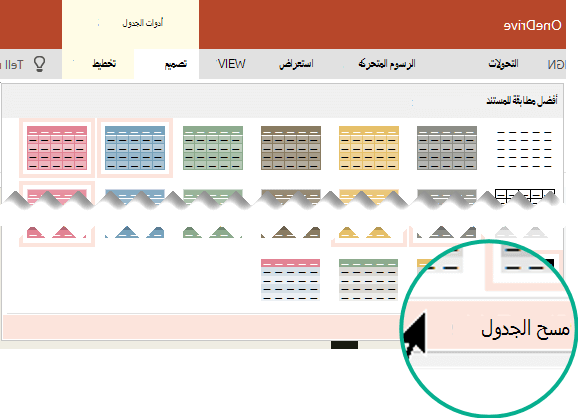 قم بإزالة نمط جدول باستخدام الأمر مسح الجدول.