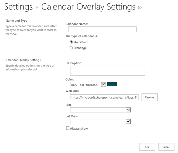 Calendar مربع حوار إنشاء تقويم متراكب.
