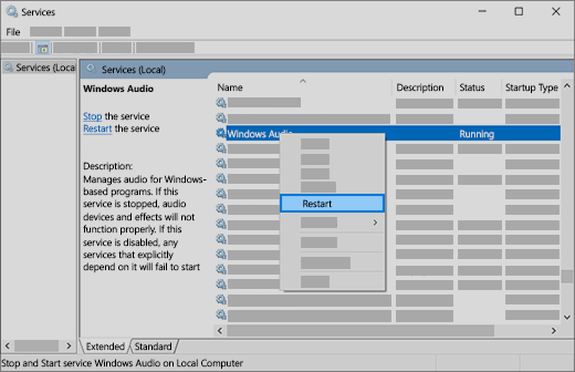 إعادة تشغيل خدمات الصوت: Windows Audio وWindows Endpoint Builder واستدعاء الإجراء عن بعد (RPC)