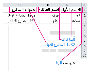 البيانات المسحوبة إلى حقول دمج البريد