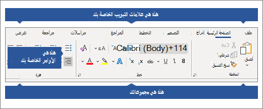 الشريط مع علامات التبويب والمجموعات والأوامر التي تم استدعاؤها.