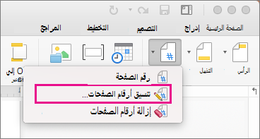 لتنسيق أرقام الصفحات، انقر فوق رقم الصفحة في علامة التبويب رأس الصفحة & تذييل الصفحة، ثم انقر فوق تنسيق أرقام الصفحات.