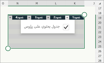 جدول، مع تحديد خانة الاختيار «يحتوي الجدول على رؤوس»
