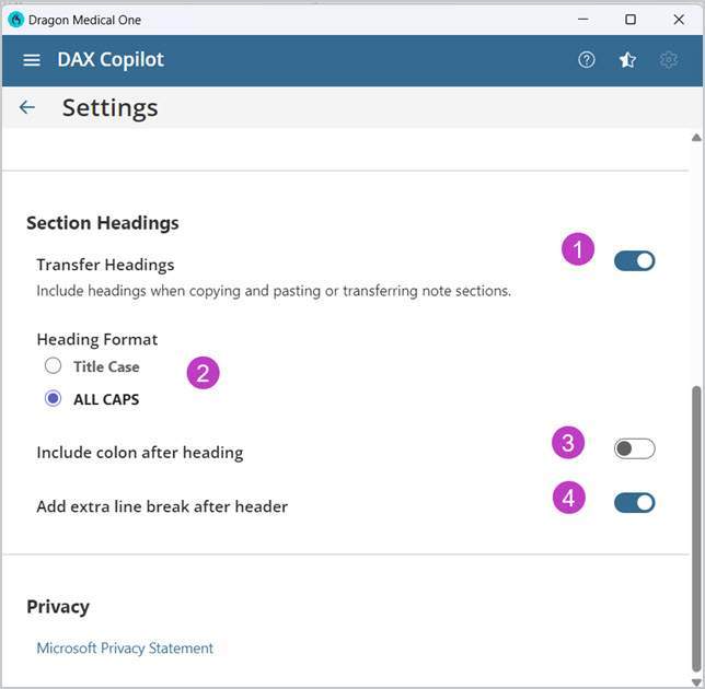 The transfer headings toggle along with the formatting options for headings.