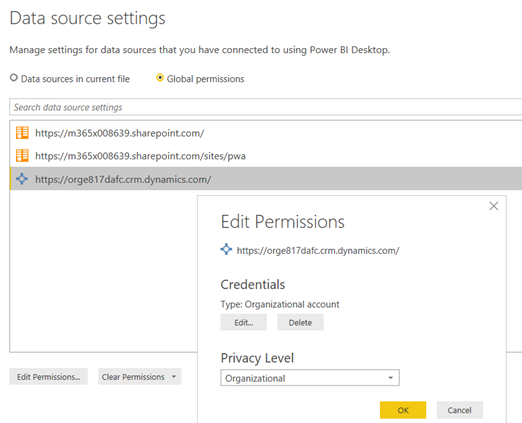 إدارة إعدادات البيانات لاستخدام Power BI Desktop.