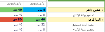 صفّان من الموارد تم تطبيق خريطة التمثيل اللوني عليهما