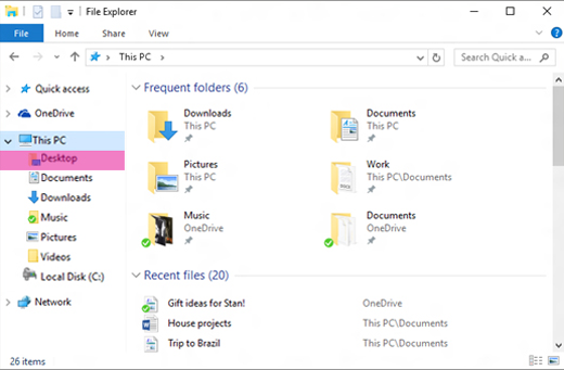 نافذة Windows مستكشف الملفات مع تمييز سطح المكتب في الجزء الأيمن