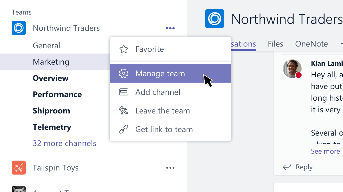 Team menu with Manage team selected
