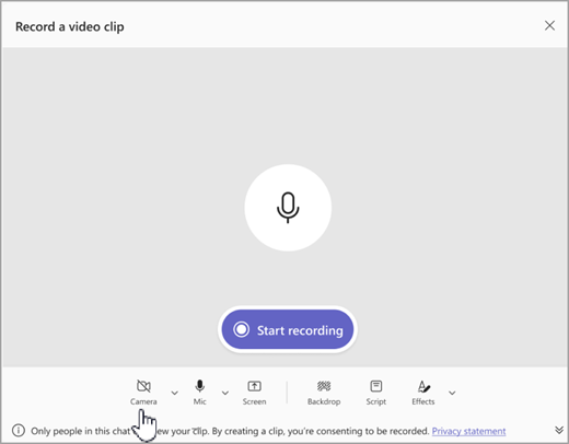 لقطة شاشة لخيار تسجيل مقطع فيديو صوتي فقط في Microsoft Teams.