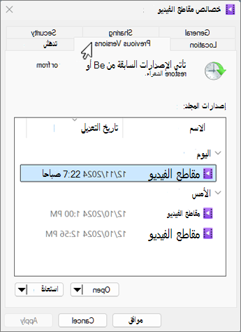 لقطة شاشة لمربع حوار خصائص محفوظات الملفات.