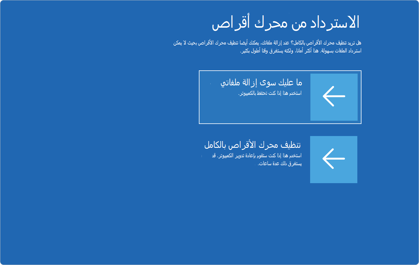 لقطة شاشة لـ Windows RE تعرض الخيارات للاسترداد من محرك الأقراص