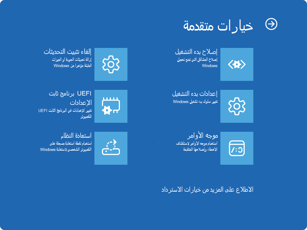 لقطة شاشة لشاشة Windows RE - خيارات متقدمة.
