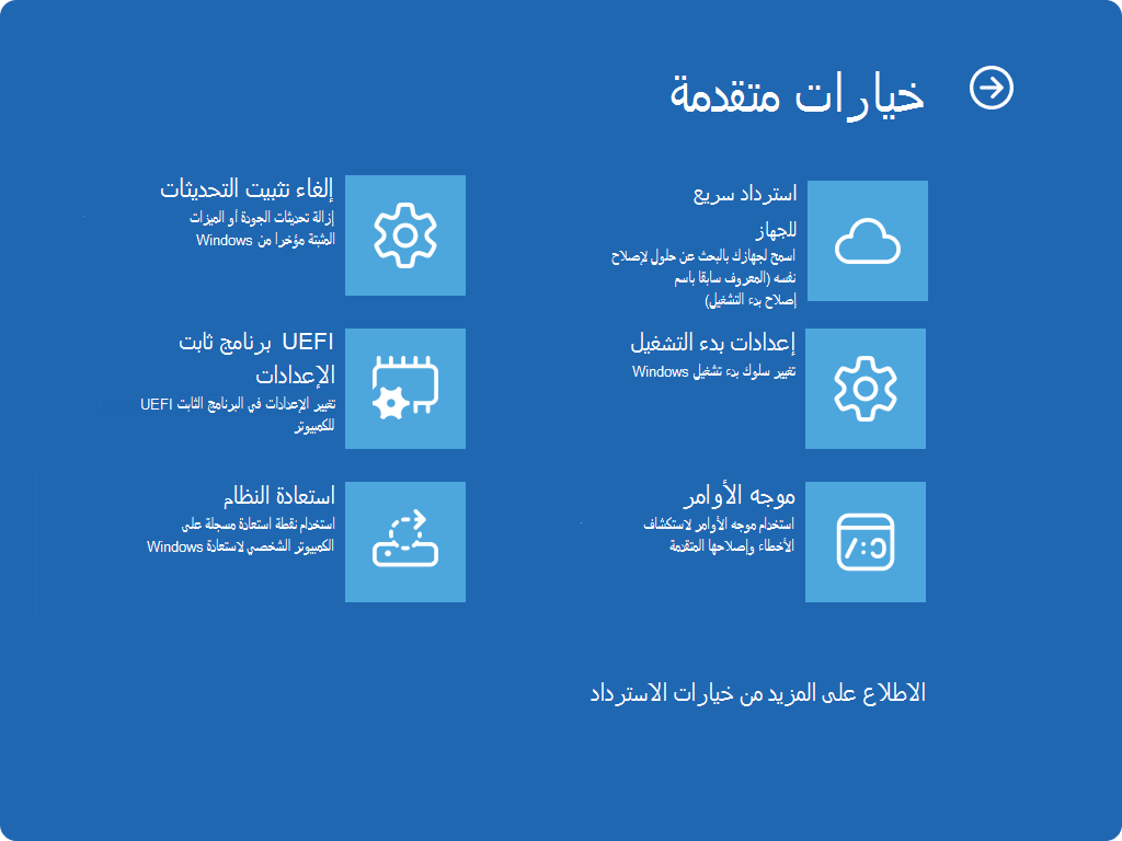 لقطة شاشة Windows RE تعرض الخيارات المتقدمة وإدخال QMR الجديد.