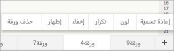علامة تبويب الورقة المحددة، تعرض الأمر «إعادة تسمية»