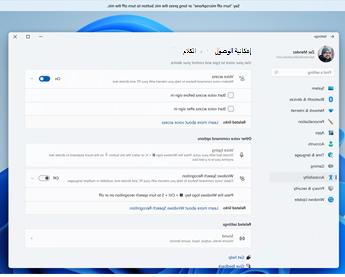 صفحة إعدادات إمكانية وصول ذوي الاحتياجات الخاصة مع تشغيل الوصول الصوتي وخانات الاختيار لبدء الوصول الصوتي قبل تسجيل الدخول أو بعده.