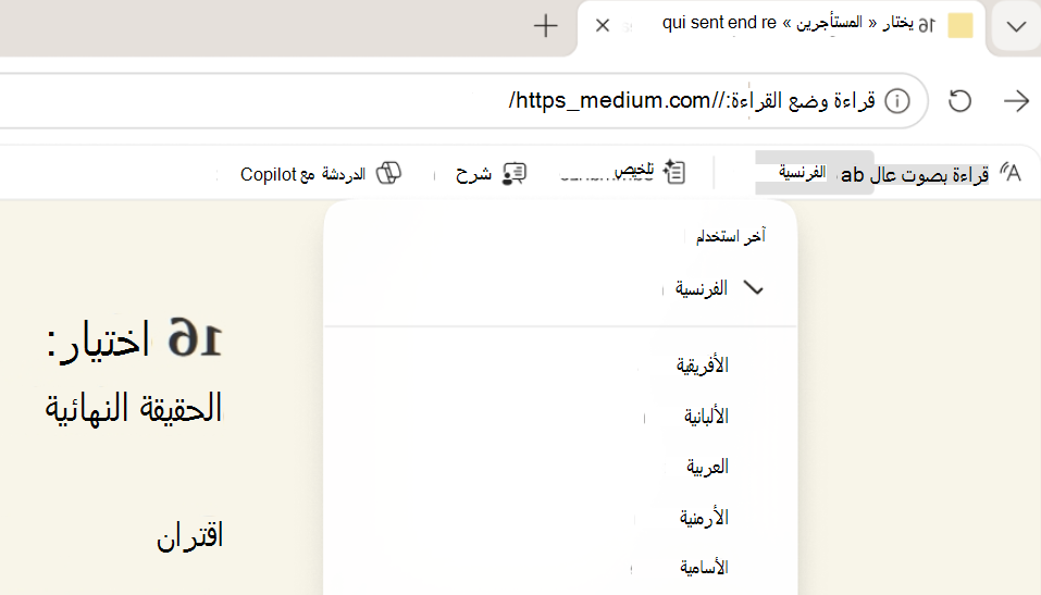 لقطة شاشة لوضع القراءة ترجمة.
