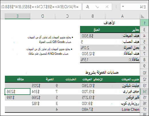 مثال على حساب Sales Bonus مع الدالتين IF و AND. الصيغة الموجودة في الخلية E14 هي =IF(AND(B14>=$B$7,C14>=$B$5),B14*$B$8,0)