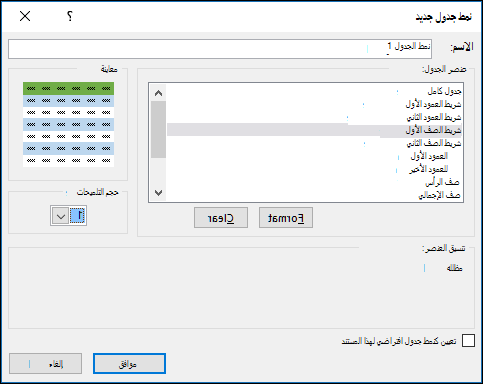 خيارات حوار نمط جدول جديد لتطبيق أنماط مخصصة على أحد الجداول