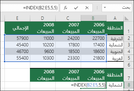 مثال على صيغة INDEX مع مرجع نطاق غير صحيح. الصيغة هي =INDEX(B2:E5,5,5)، ولكن النطاق هو 4 صفوف فقط بمقدار 4 أعمدة.
