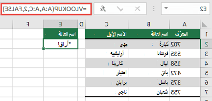 #SPILL! حدث خطأ بسبب =VLOOKUP(A:A,A:D,2,FALSE) في الخلية E2، لأن النتائج ستمتد إلى ما وراء حافة أوراق العمل. انقل الصيغة إلى الخلية E1، وستعمل بشكل صحيح.