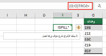 #SPILL! خطأ حيث سيمتد =SORT(D:D) في الخلية F2 إلى ما بعد حواف المصنف. انقله إلى الخلية F1، وسيعمل بشكل صحيح.