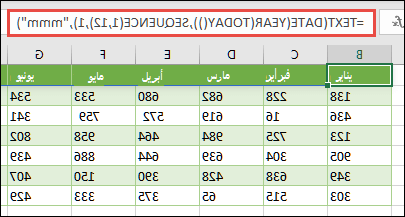 استخدم مجموعة من الدالات TEXT و DATE و YEAR و TODAY و SEQUENCE لإنشاء قائمة ديناميكية من 12 شهرا