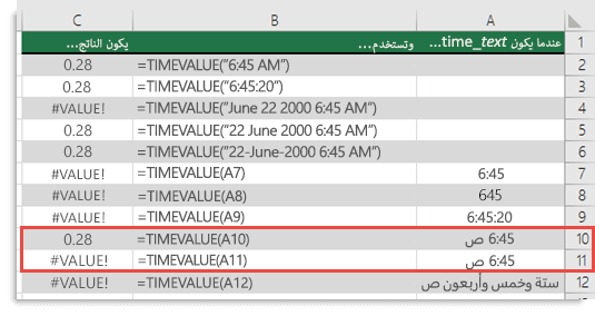 ناتج دالات TIMEVALUE المتنوعة