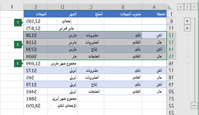 البيانات المحددة لتجميعها في المستوى 2 في التسلسل الهرمي.
