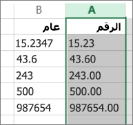 نموذج لعرض كيفية ظهور الأرقام عند تطبيق تنسيقات مختلفة مثل التنسيقين 